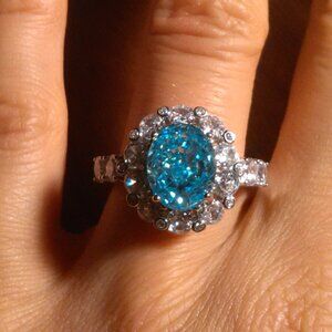 Simulated Blue and White Diamond Sterling Silver Fire Cut Ring (Size 8)